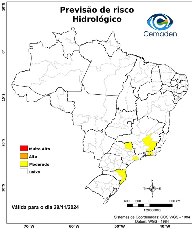 Trata-se de um mapa que indica as regiões do Sudeste que correm risco de alagamento